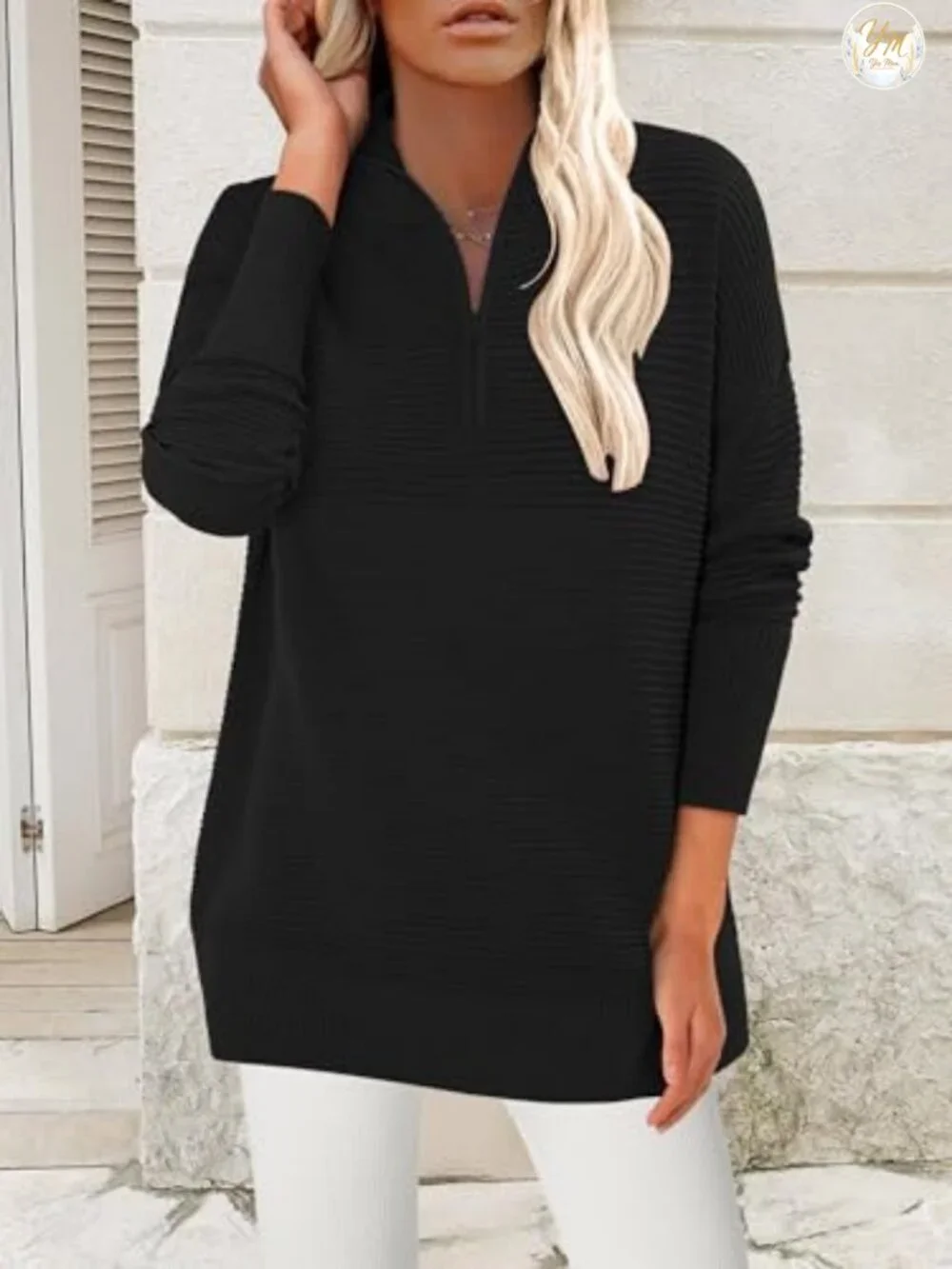 Women's Oversized Knit Pullover Sweater with Thumbholes Long Sleeve Quarter Zip